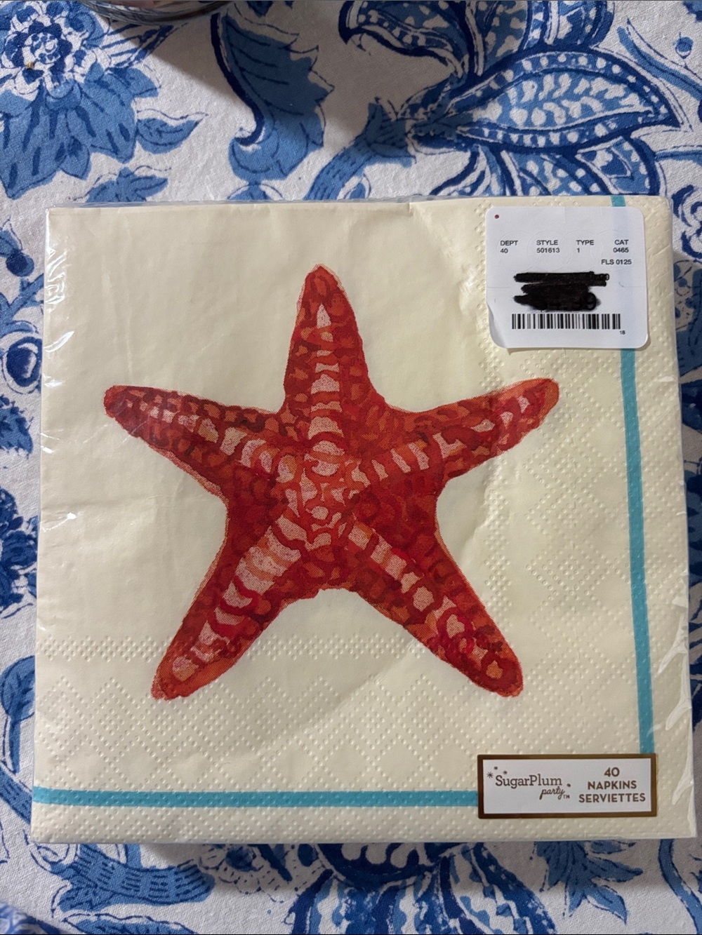 Sugarplum Parties Red Starfish Cocktail Napkins with Aqua Border
